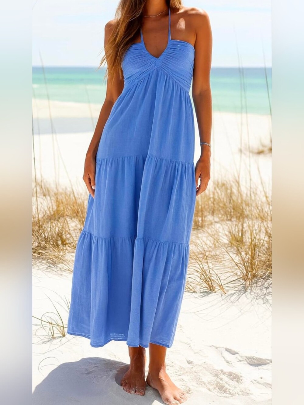 Blue Halter Tiered Maxi Dress | Coastal Maxi Dress | Size S